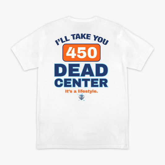White Dead Center graphic tee — back view