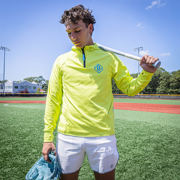 Adult model wearing yellow Diamond Tech Scuba Highlighter hoodie