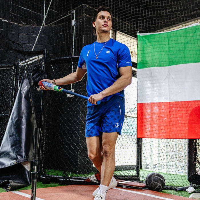 Adult model wearing blue Diamond Tech Vented Italy graphic tee