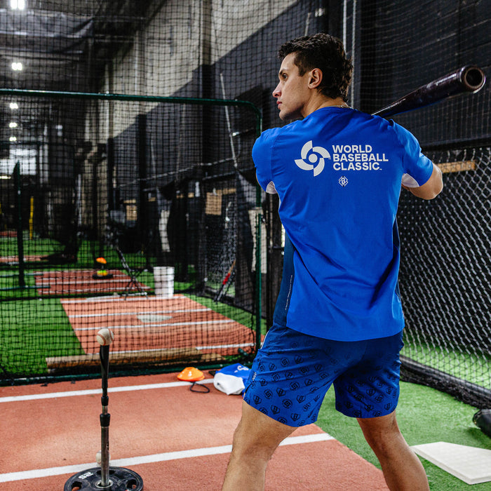 Adult model wearing blue Diamond Tech Vented Italy graphic tee