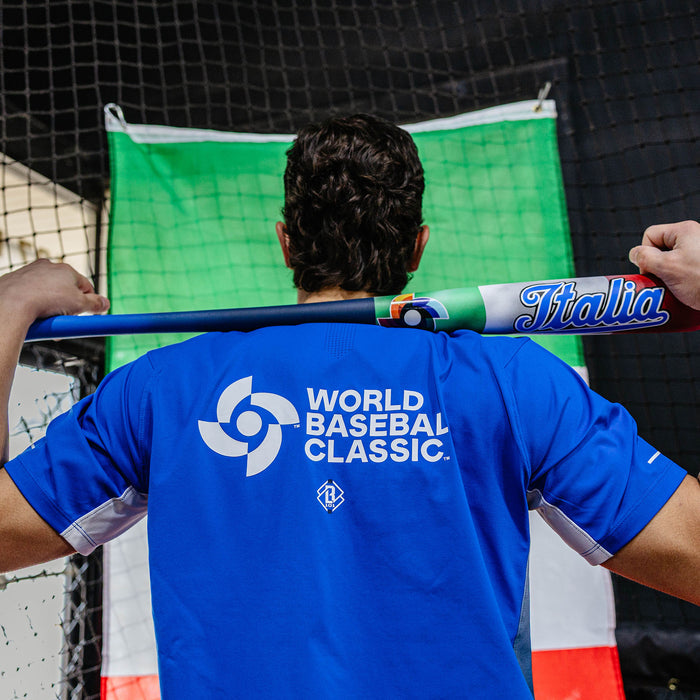 Adult model wearing blue Diamond Tech Vented Italy graphic tee