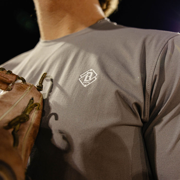 Adult model wearing gray Diamond Tech Vented graphic tee