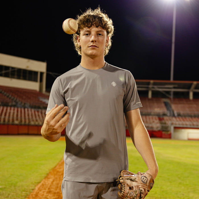 Adult model wearing gray Diamond Tech Vented graphic tee