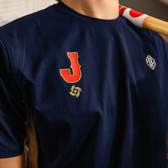 Adult model wearing navy Diamond Tech Vented Japan graphic tee