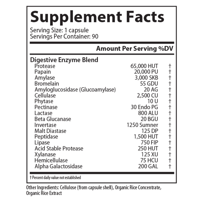 Digestaze by DesBio is a concentrated, broad-spectrum, vegetarian-source enzyme supplement for the support of healthy digestion of macronutrients.