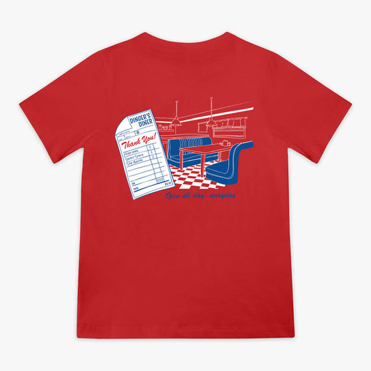 Red youth graphic tee with “Dingers Diner” design — back view