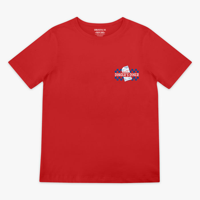 Red t-shirt with a 'Dinger's Diner' logo on the front.