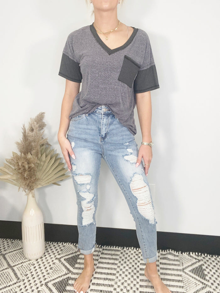 Distressed Relaxed Fit Roll Up Cuff Skinny-Light Wash Jeans-RISEN-Featherandvine