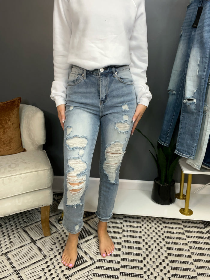 Distressed Relaxed Fit Roll Up Cuff Skinny-Light Wash Jeans