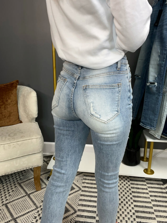 Distressed Relaxed Fit Roll Up Cuff Skinny-Light Wash Jeans
