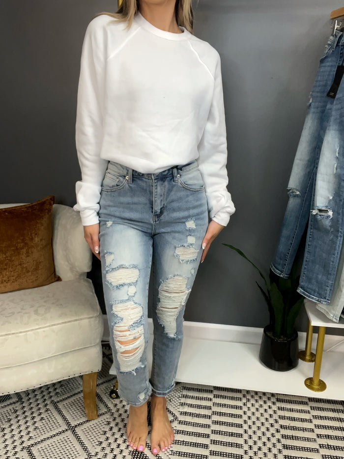 Distressed Relaxed Fit Roll Up Cuff Skinny-Light Wash Jeans