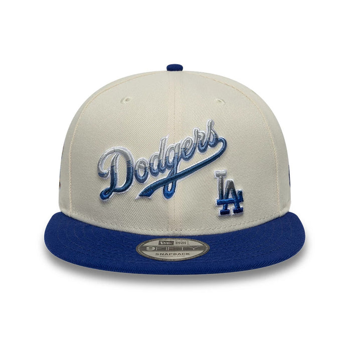 Pictured is this MLB Ombre Script Los Angeles Dodgers 9FIFTY Snapback cap in light beige & blue. 2
