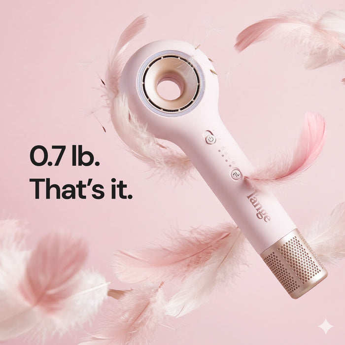 Pink L'ange hair dryer surrounded by floating pink and white feathers, with text "0.7 lb. That's it."