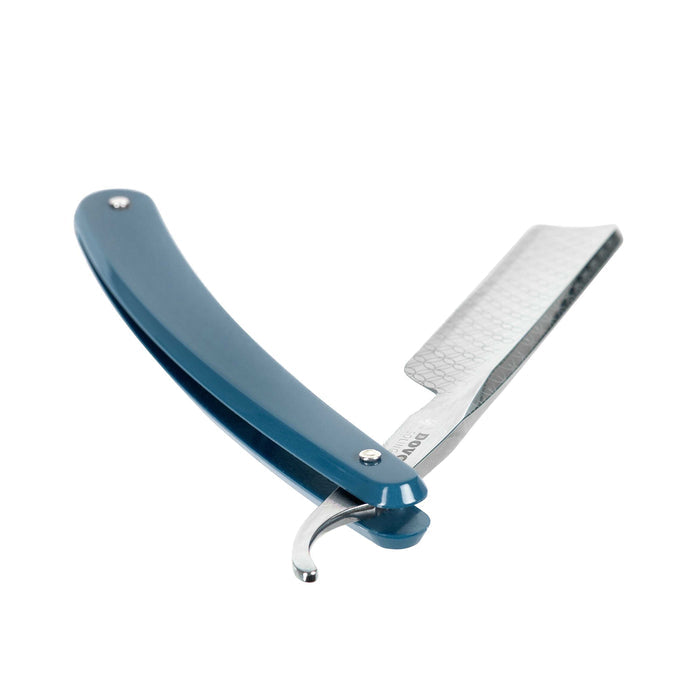 Dovo straight razor with blue handle and curved hook