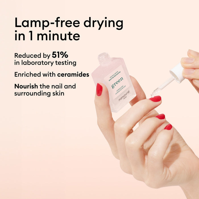 A person with red nails applies Manucurist Drying Drops from a “green” bottle. Text notes lamp-free 1-min drying, fast-setting manicure, 51% quicker dry in testing, ceramide enrichment, and nourished cuticles benefits.