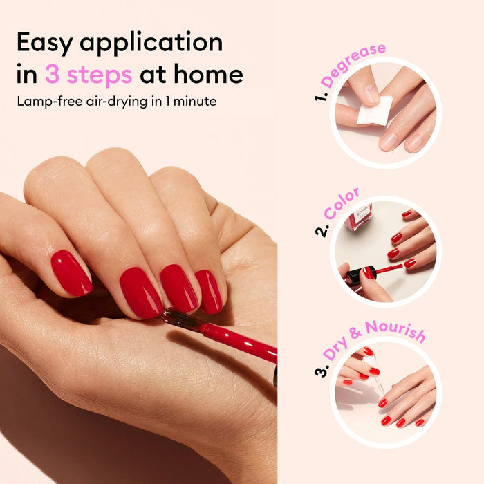 Hands applying vibrant red Manucurist The Essentials of the Green™ System nail polish. Text outlines a simple 3-step home manicure: 1. Degrease, 2. Apply color, 3. Dry  nourish nails. Enjoy a gentle acetone-free formula that air-dries in just one minute—no lamp needed—for easy salon-quality, gel-effect results at home. Circular images illustrate each step on fingernails for an effortless DIY process with Manucurist’s The Essentials of the Green™ System.