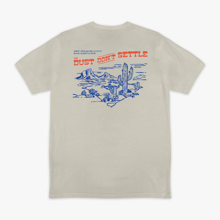 Beige t-shirt with desert graphic and text on a white background