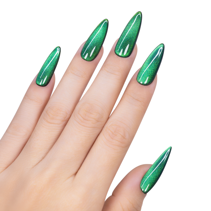 Hand with green glittery nail polish on a white background