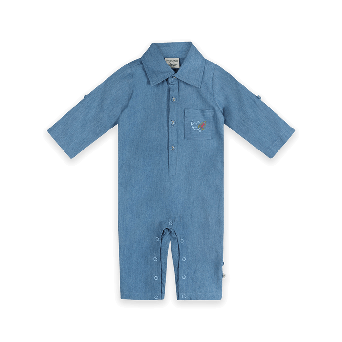 Eli Embroidered Pocket Denim Baby Jumpsuit (Organic Cotton) - Front