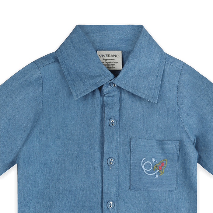 Eli Embroidered Pocket Denim Baby Jumpsuit (Organic Cotton) - Detail