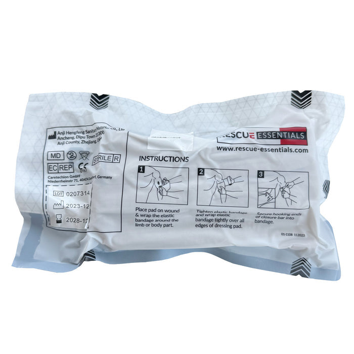 6" Rescue Essentials Emergency Trauma Dressing, packaged (back)