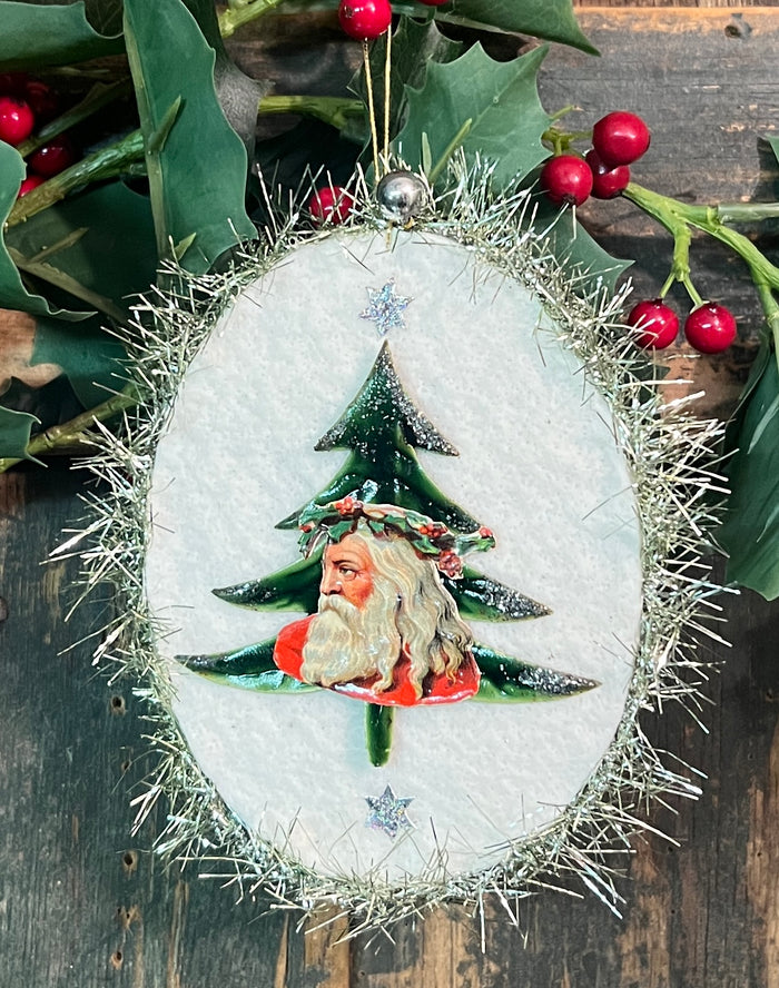 ER-2417B Santa & Tree Cotton Batting Ornament - Silver & Green