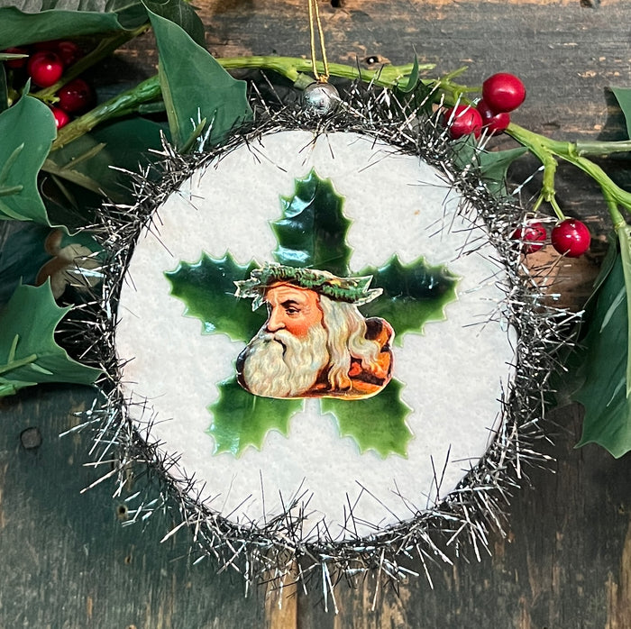 ER-2418E Santa & Holly Cotton Batting Ornament - Silver
