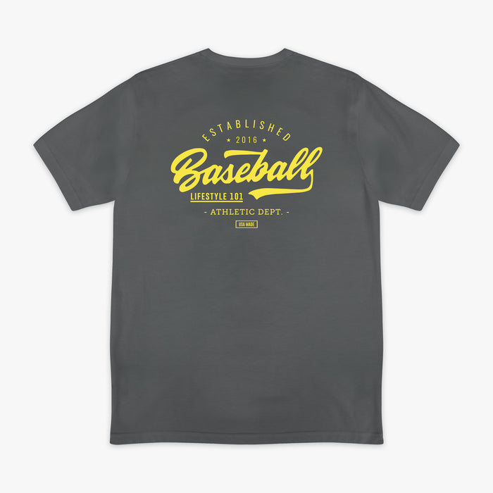 Gray t-shirt with yellow 'Baseball Lifestyle 101'  text in center