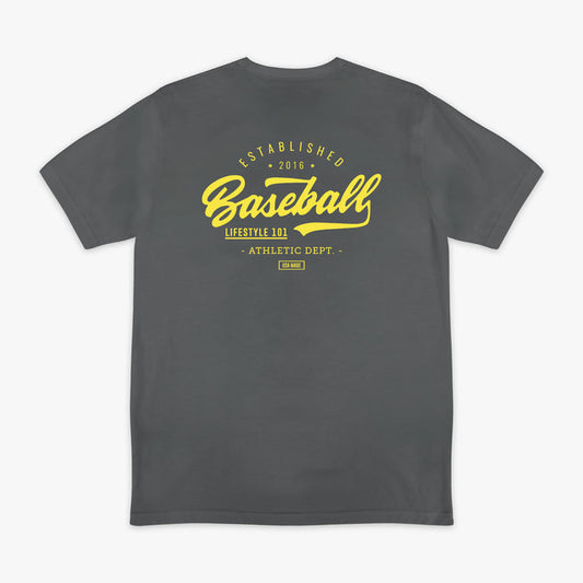 Gray t-shirt with yellow 'Baseball Lifestyle 101'  text in center