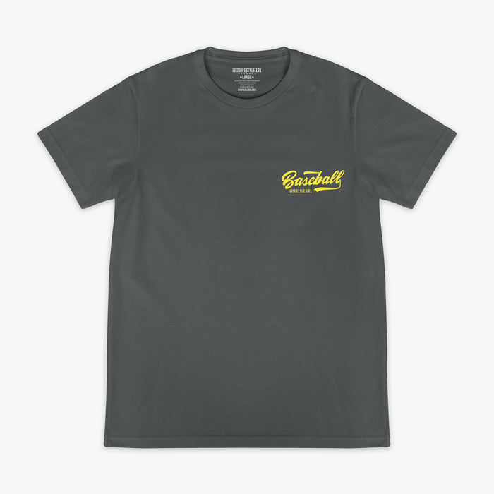 Gray t-shirt with yellow 'Baseball Lifestyle 101' top corner