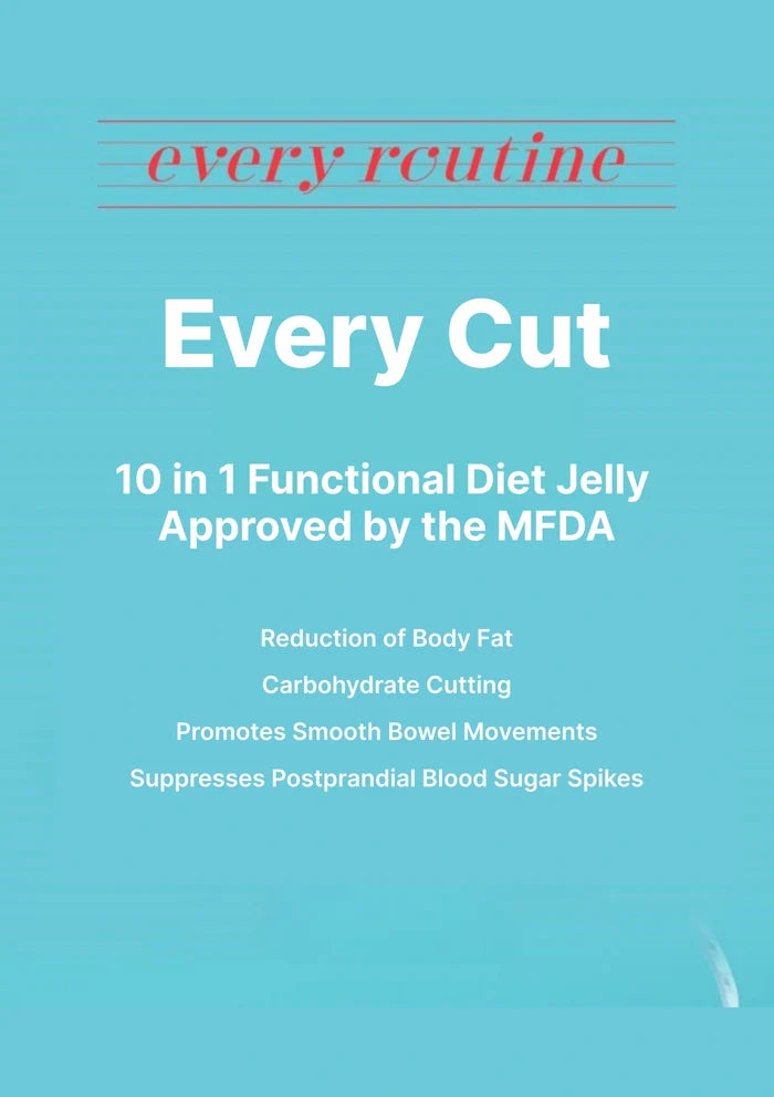 Product packaging for 'Every Cut' functional diet jelly on a blue background