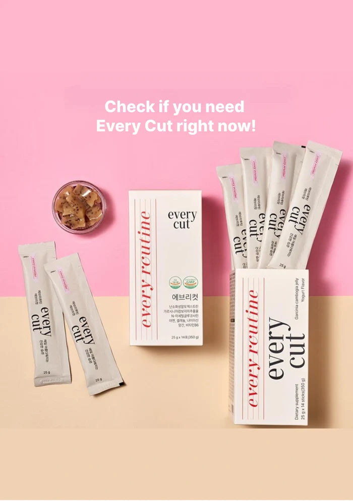 Every Cut product packaging on a pink and beige background with text prompting to check if needed.