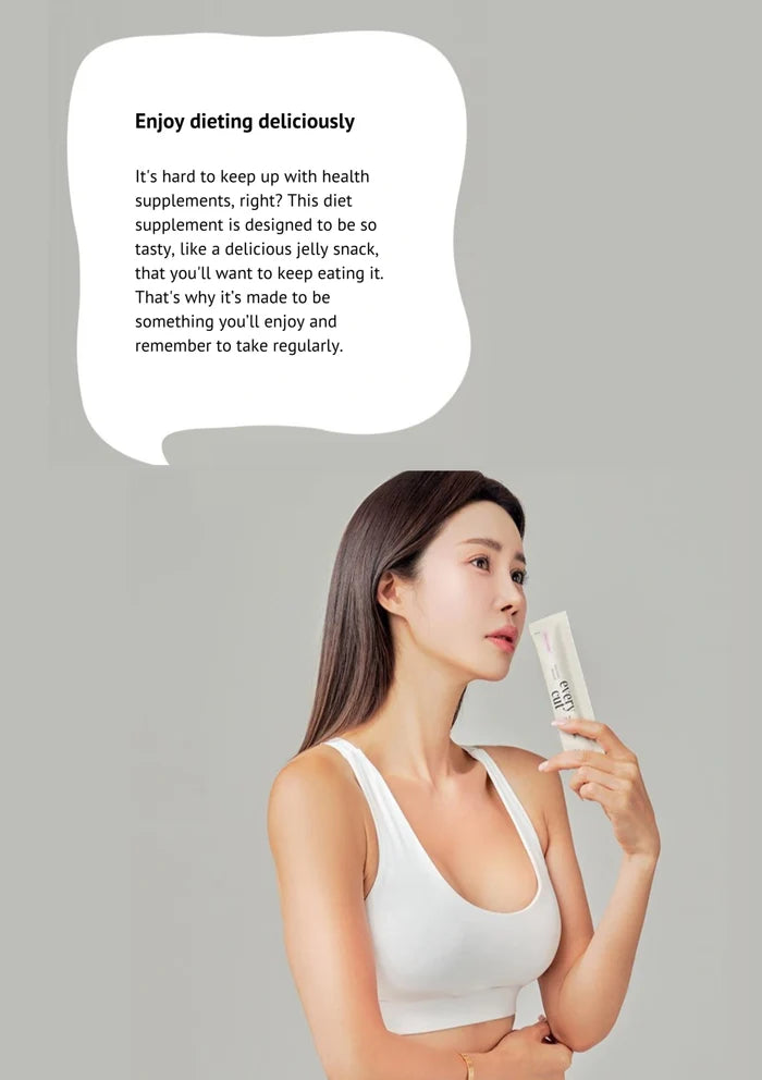 Woman holding a diet supplement with text about enjoying dieting deliciously on a gray background
