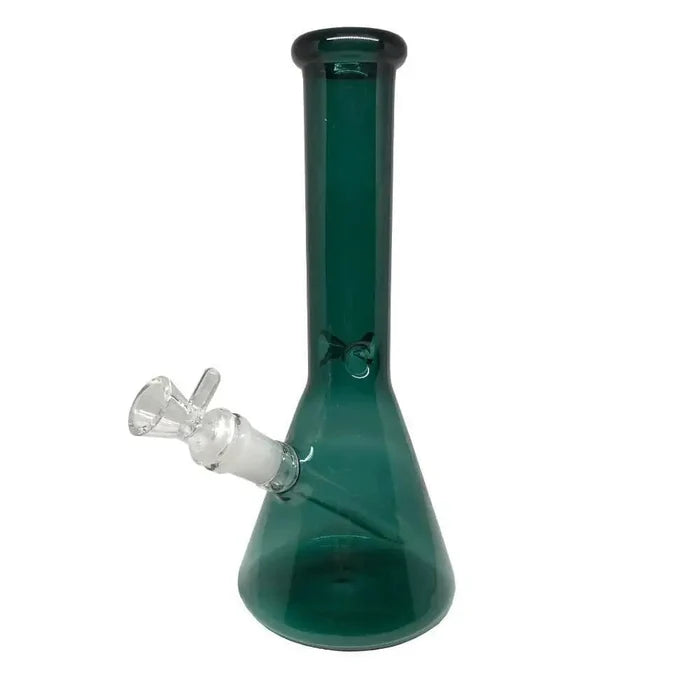 Front view of the 10-inch Teal Everyday Essentials Beaker Bong, showcasing its classic beaker shape and smooth glass construction.
