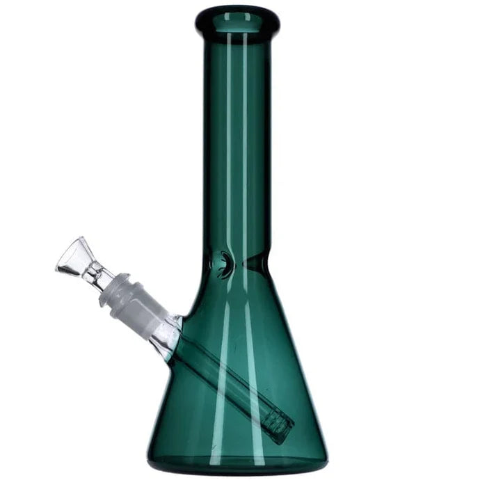 Front view of the 10-inch teal Everyday Essentials Beaker Bong, showcasing its classic beaker shape and smooth glass construction.