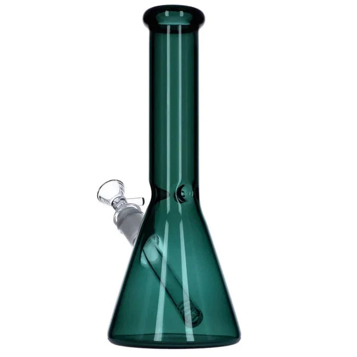 A front view of the 10-inch teal Everyday Essentials Beaker Bong, showcasing its simple glass construction and clean lines.