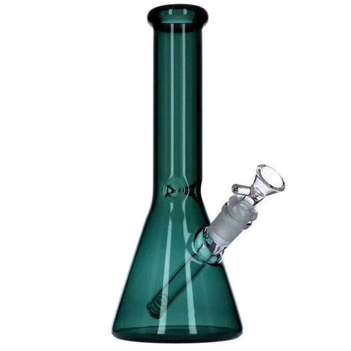 A front view of the 10-inch Teal Everyday Essentials Beaker Bong, highlighting its simple glass form and clean lines.