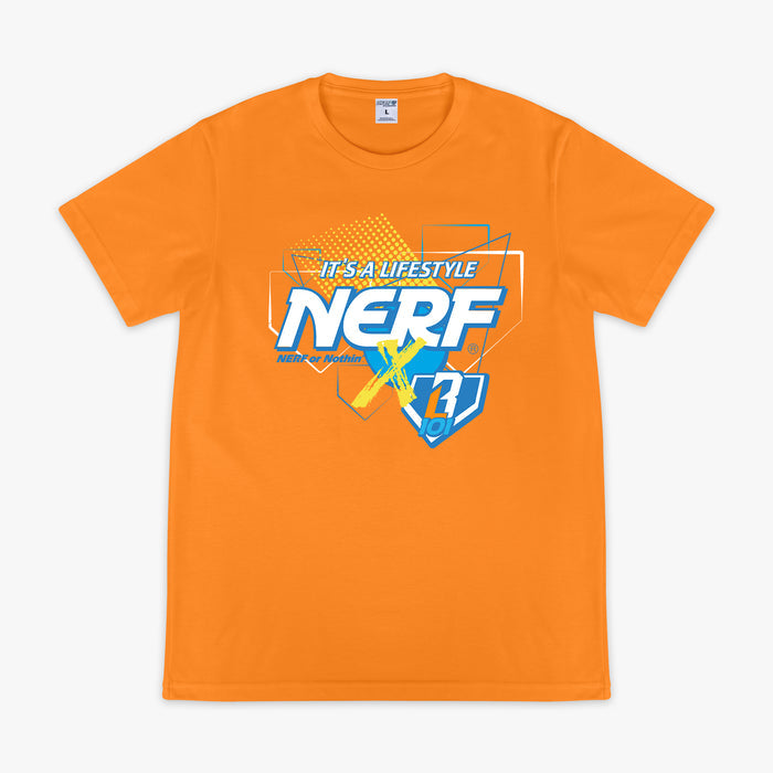 Orange t-shirt with NERF X BL101 it's a lifestyle  branding on a white background