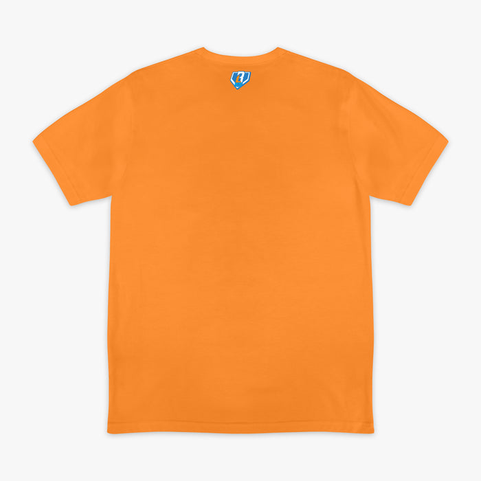 Orange t-shirt with a small BL101 logo on the back against a white background