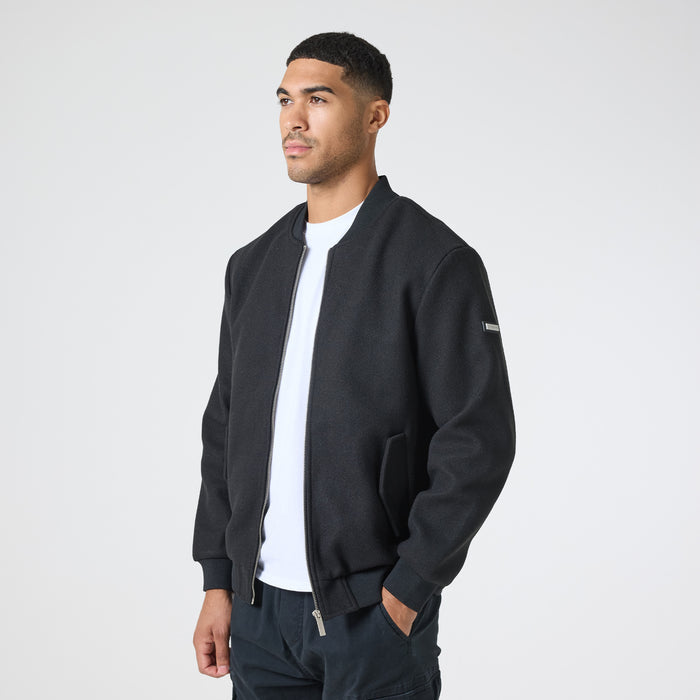 Men's  Black Faux Wool Smart Bomber  Closure London  Front View