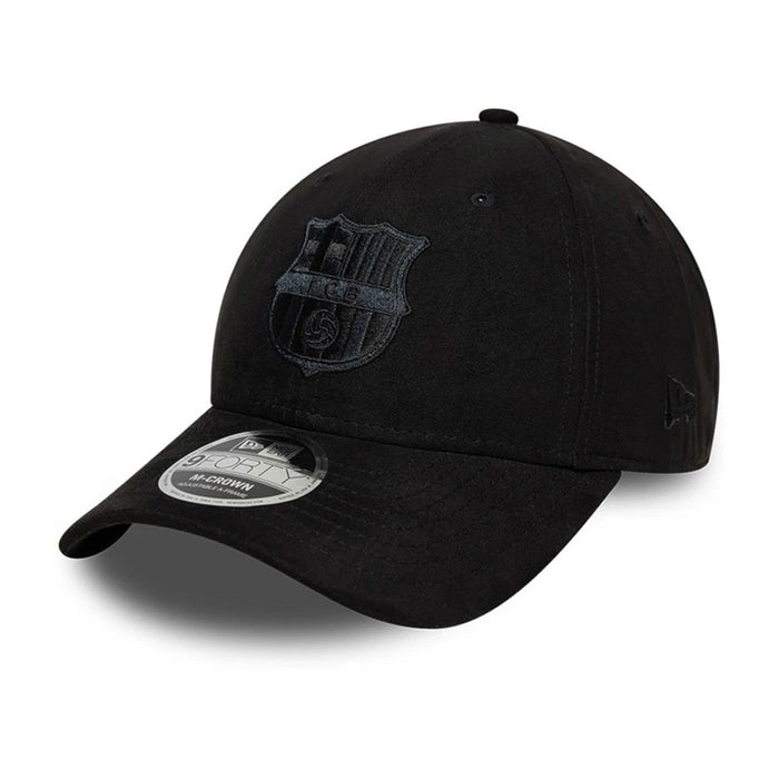 Pictured is this FC Barcelona Faux Suede 9FORTY M-Crown cap in black. 1