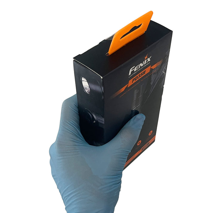 Fenix PD35R Rechargeable Tactical Flashlight Packaging, Side in hand