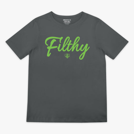 Gray t-shirt with green 'Filthy' text on a white background