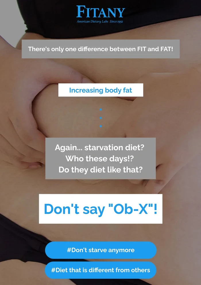 Advertisement for Fitany with text about diet and body fat, featuring a close-up of skin texture.