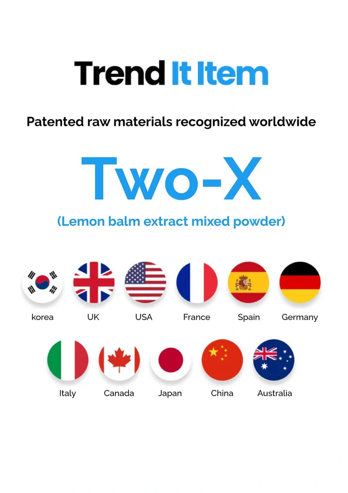 Advertisement for Trend It Item's Two-X lemon balm extract mixed powder with international flags and branding.