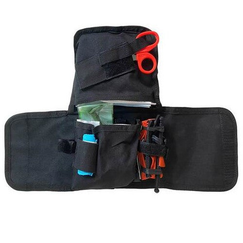 Rescue Essentials FLAT IFAK, kit packed in pouch, showing open view of the tourniquet loadout option