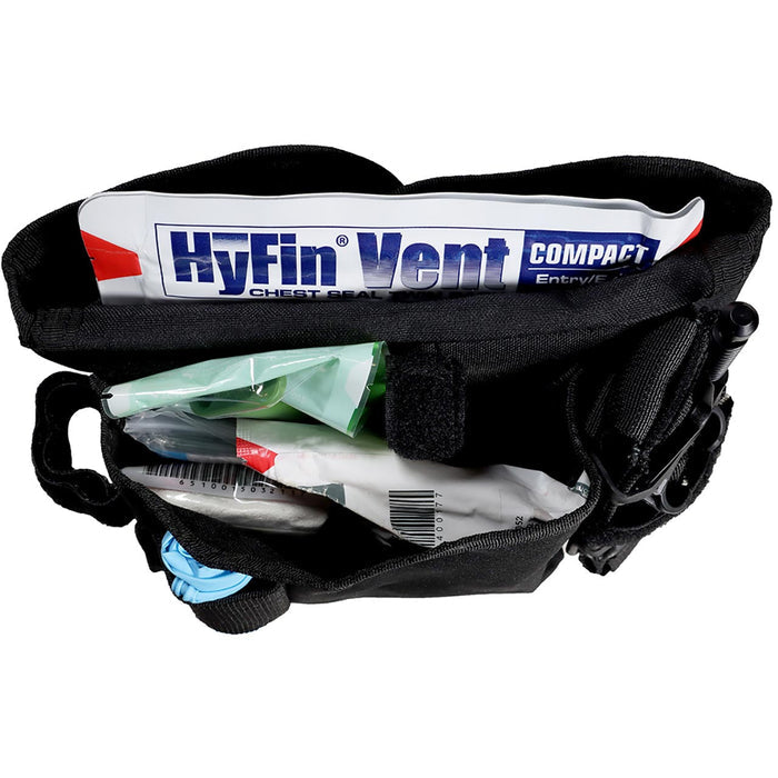 Rescue Essentials FLAT IFAK, kit packed in pouch and showing open view of the SOFTT-W tourniquet loadout option, top view of components in pocket