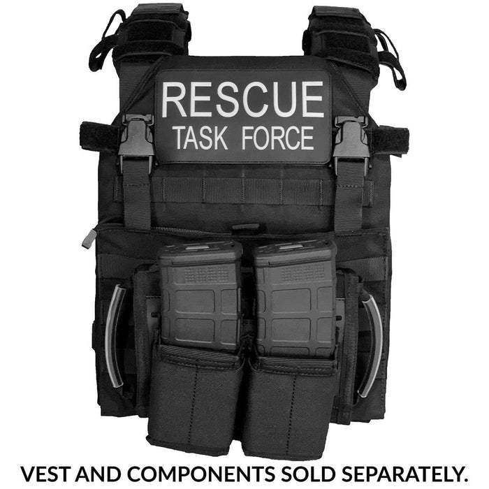 Rescue Essentials FLAT IFAK, kit packed and MOLLE mounted on a Rescue Task Force (RTF) vest with magazine holders and magazines mounted to the front