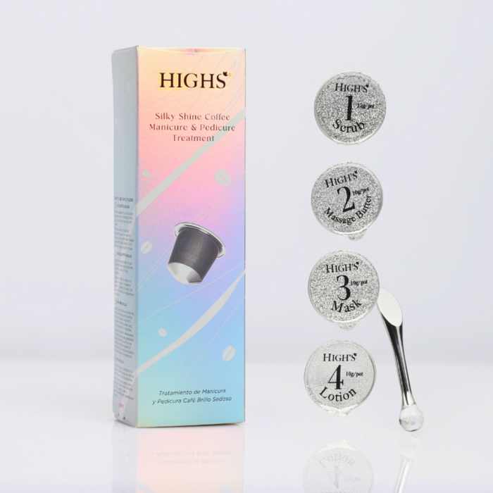 A boxed Highs Flat White manicure and pedicure treatment set with various capsules and silver spatula displayed on a white background
