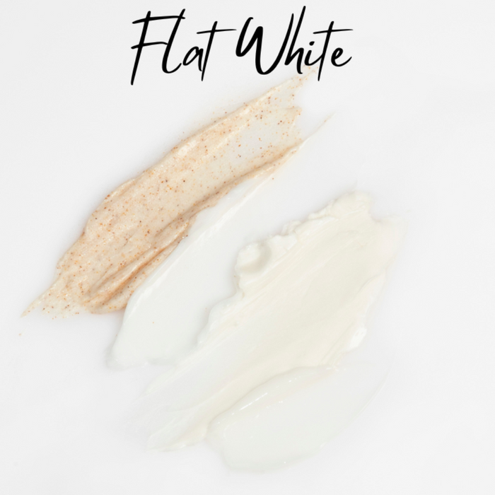 Swatches of pedicure foot scrub and cream with the words Flat White displayed on a white background